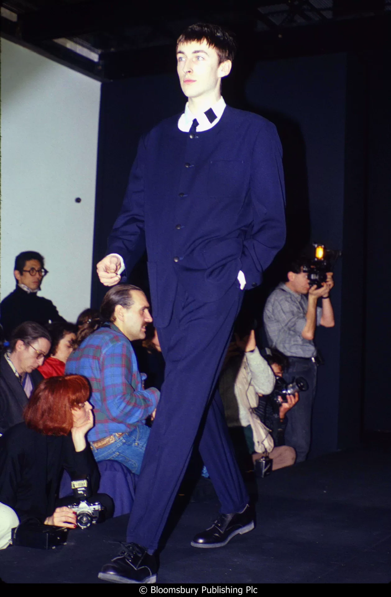 Yohji Yamamoto 90s Navy Collarless Wool Jacket — back