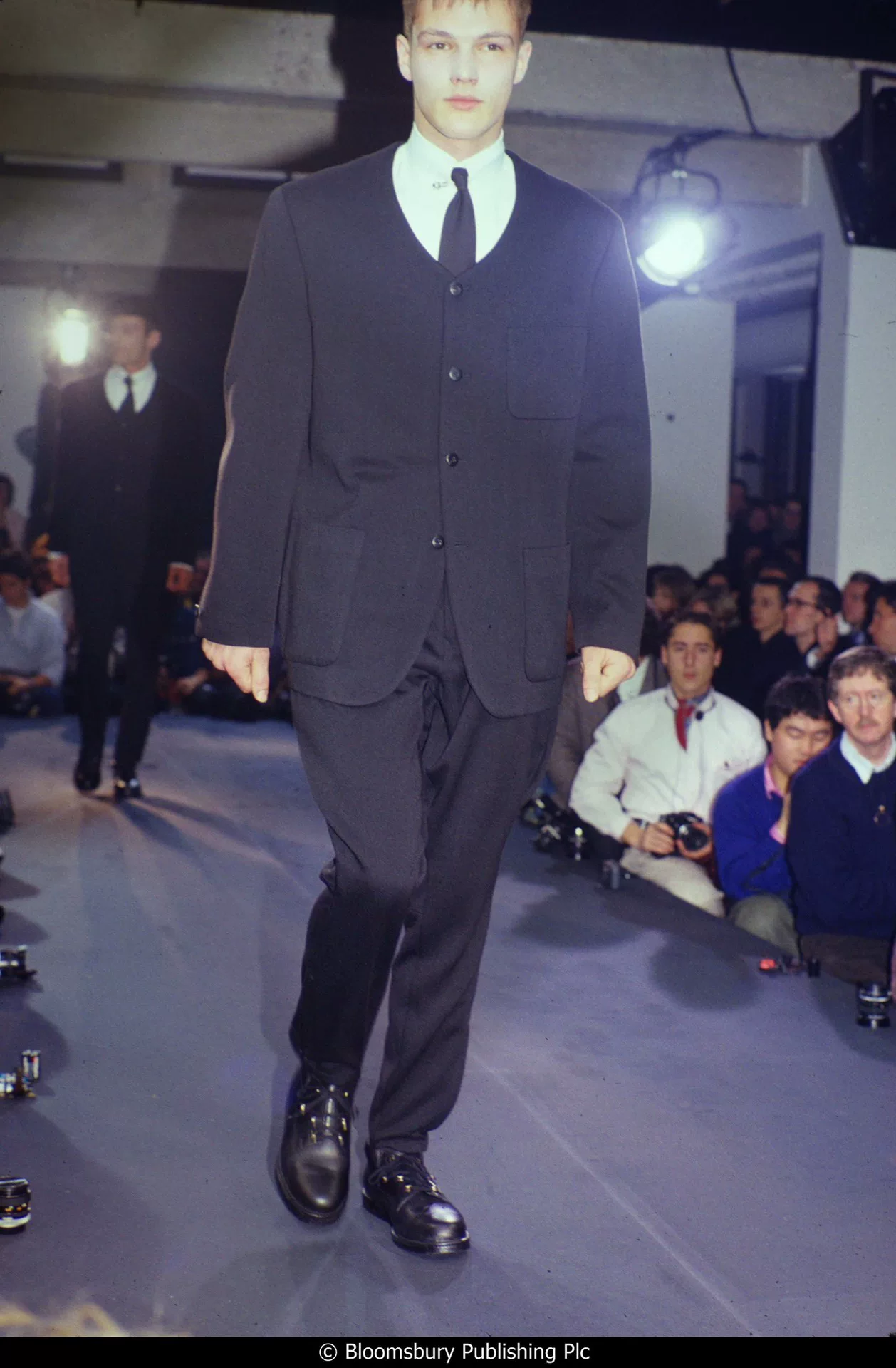 Yohji Yamamoto 90s Navy Collarless Wool Jacket — front