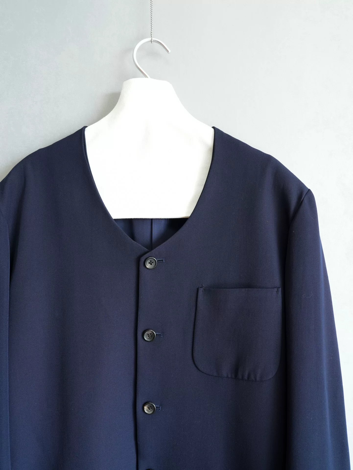 Yohji Yamamoto 90s Navy Collarless Wool Jacket — label