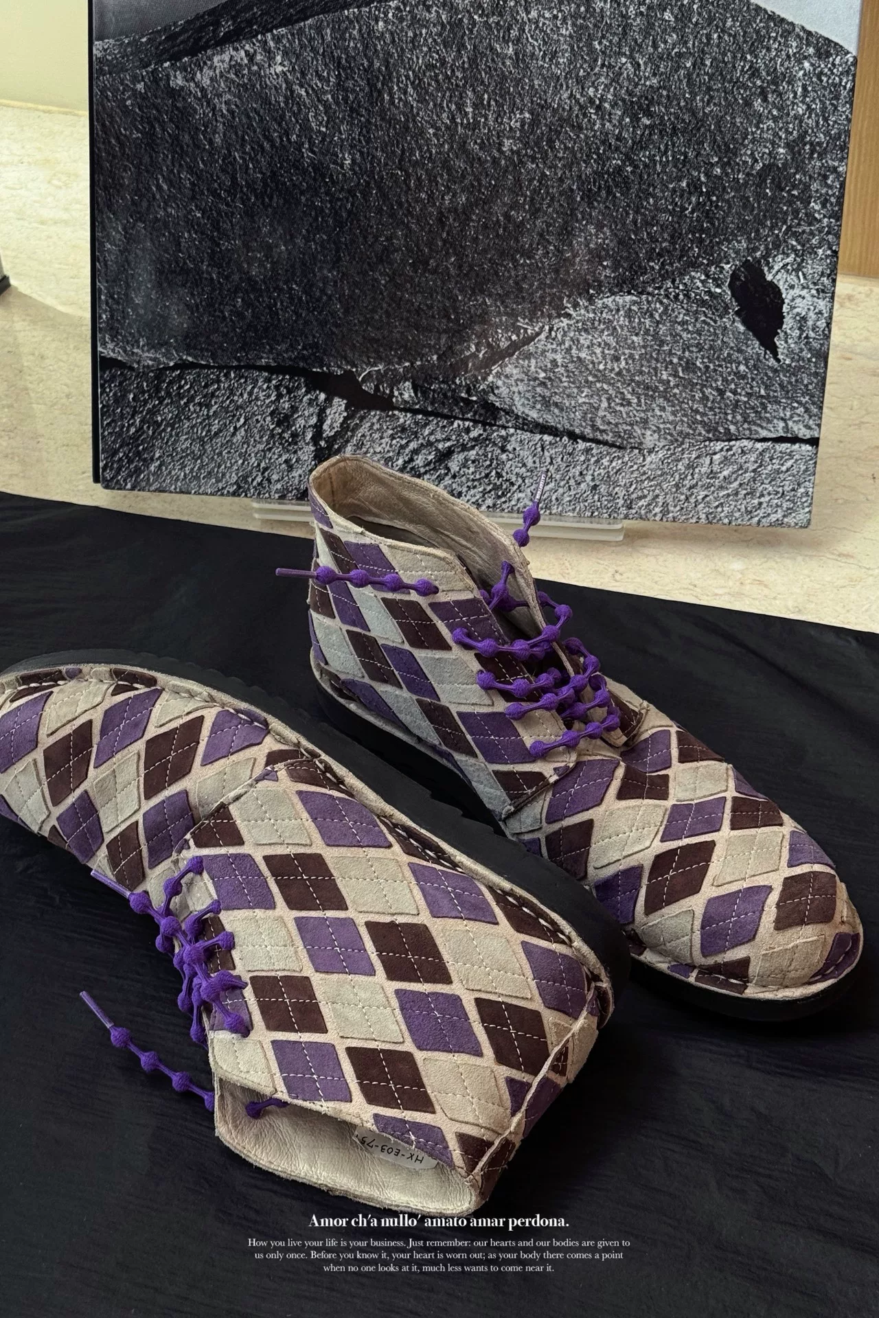 Yohji Yamamoto 1997AW Purple Argyle Leather Boots — label
