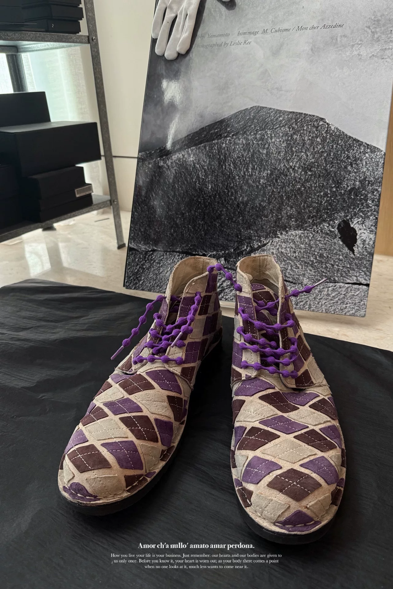 Yohji Yamamoto 1997AW Purple Argyle Leather Boots — detail
