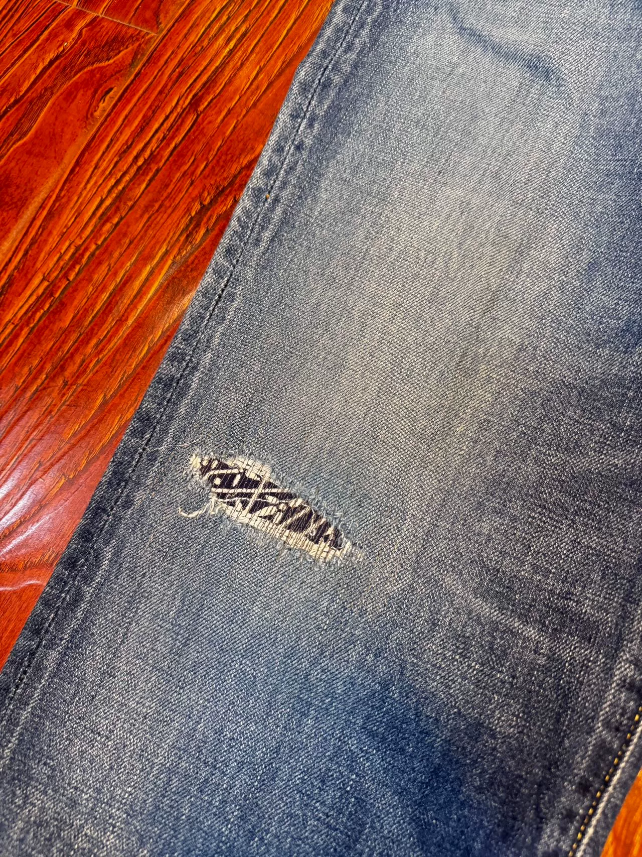Visvim d10 Blue Distressed Straight Jeans — front
