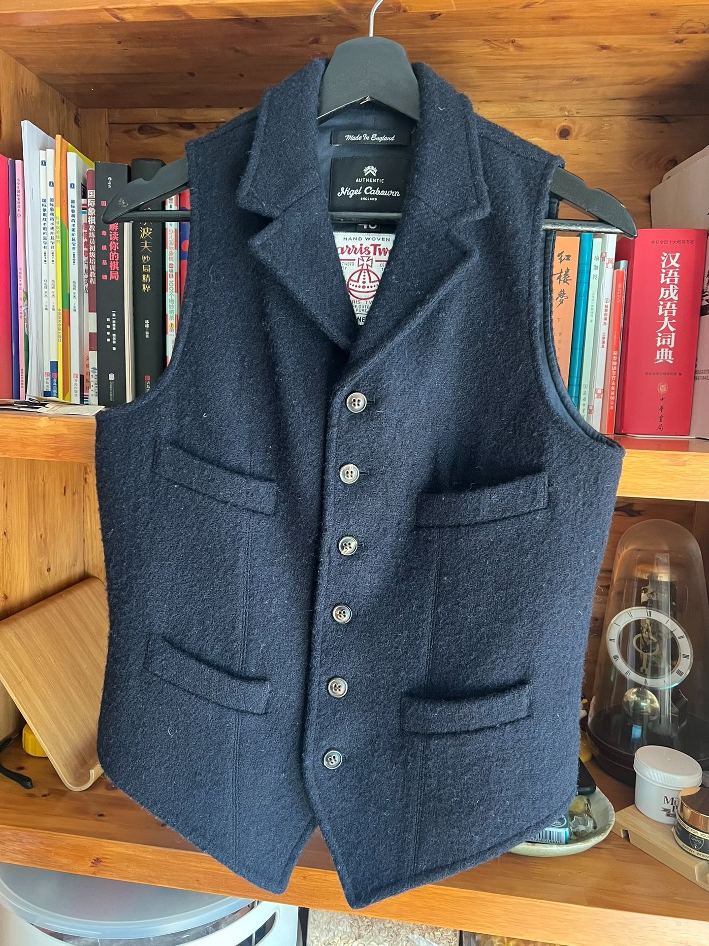 Nigel Cabourn Indigo Harris Wool Vest — detail