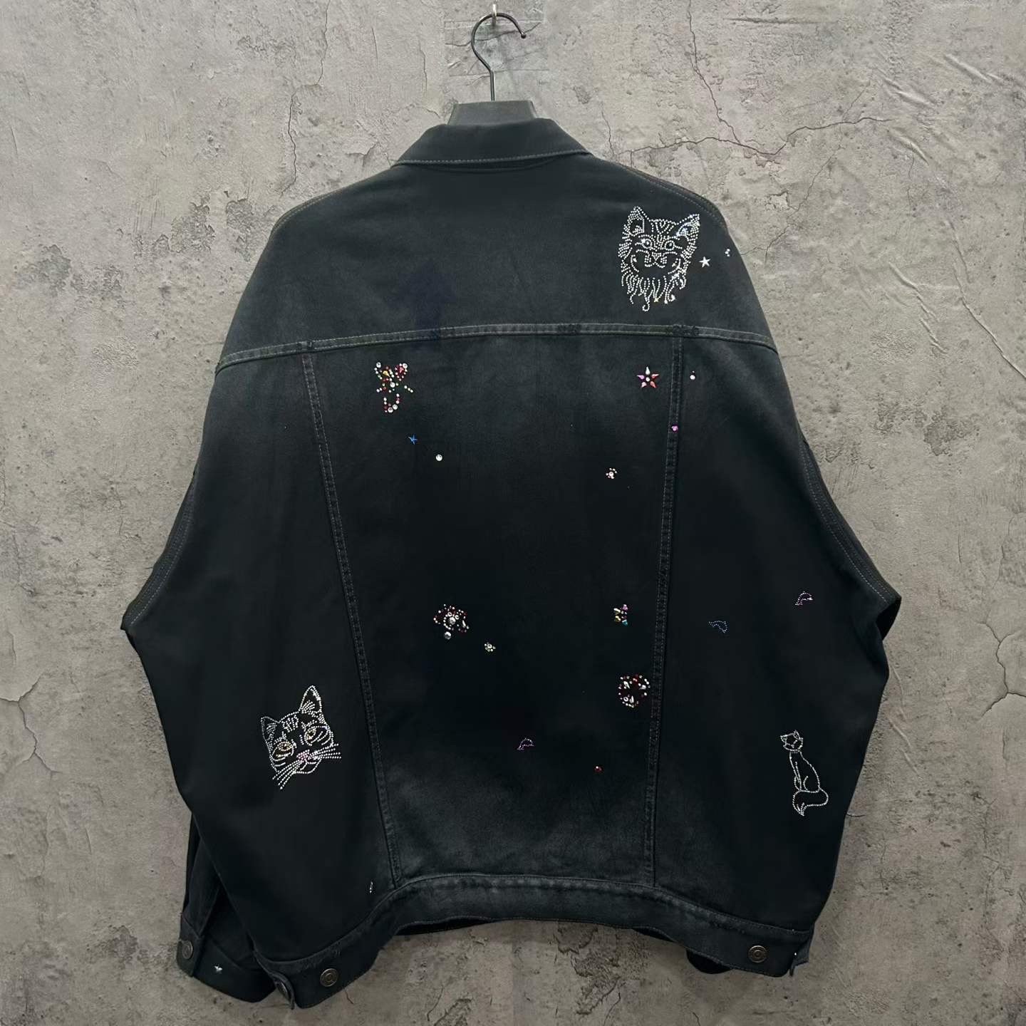 Balenciaga Rhinestone Cat Dog Distressed Denim Jacket — front