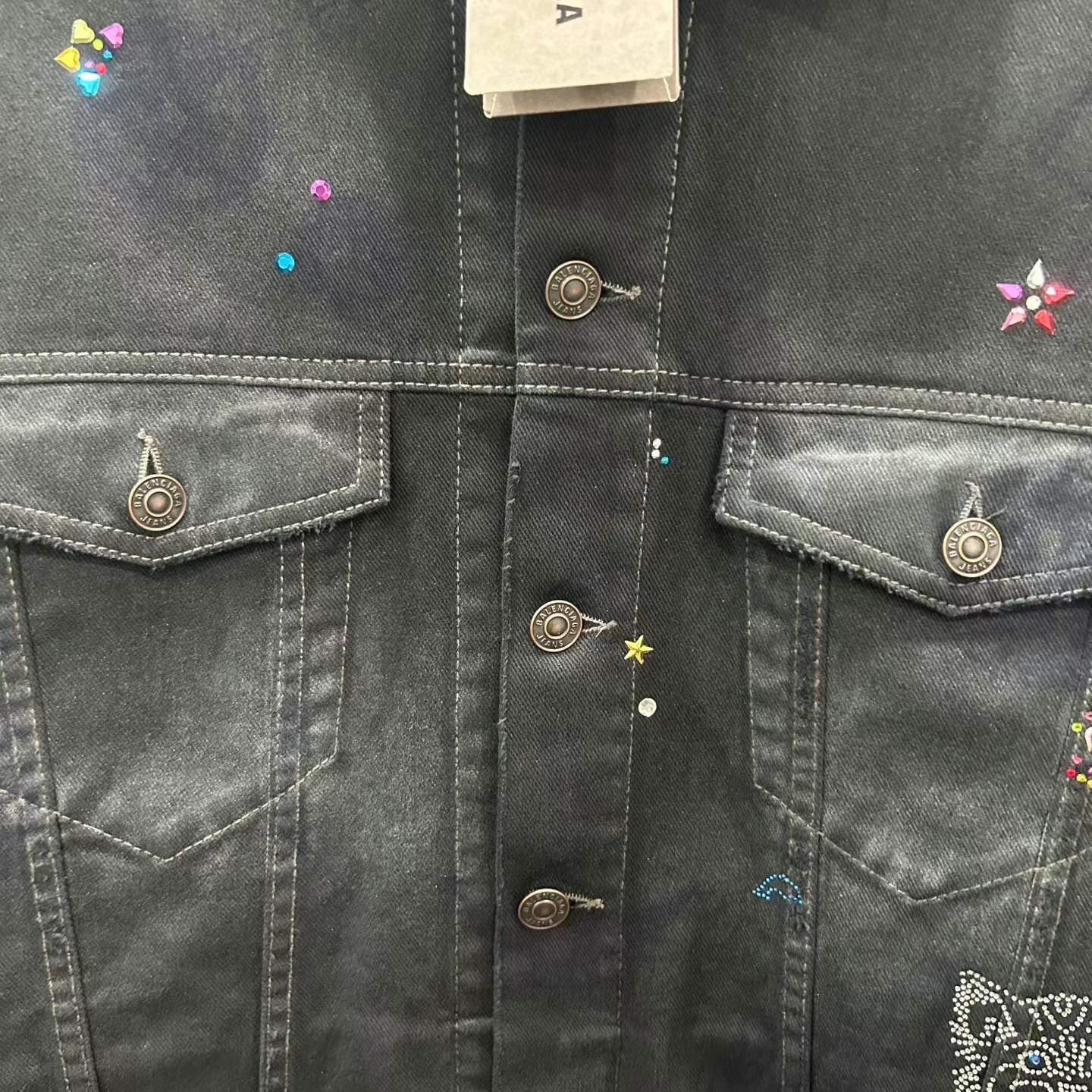 Balenciaga Rhinestone Cat Dog Distressed Denim Jacket — detail
