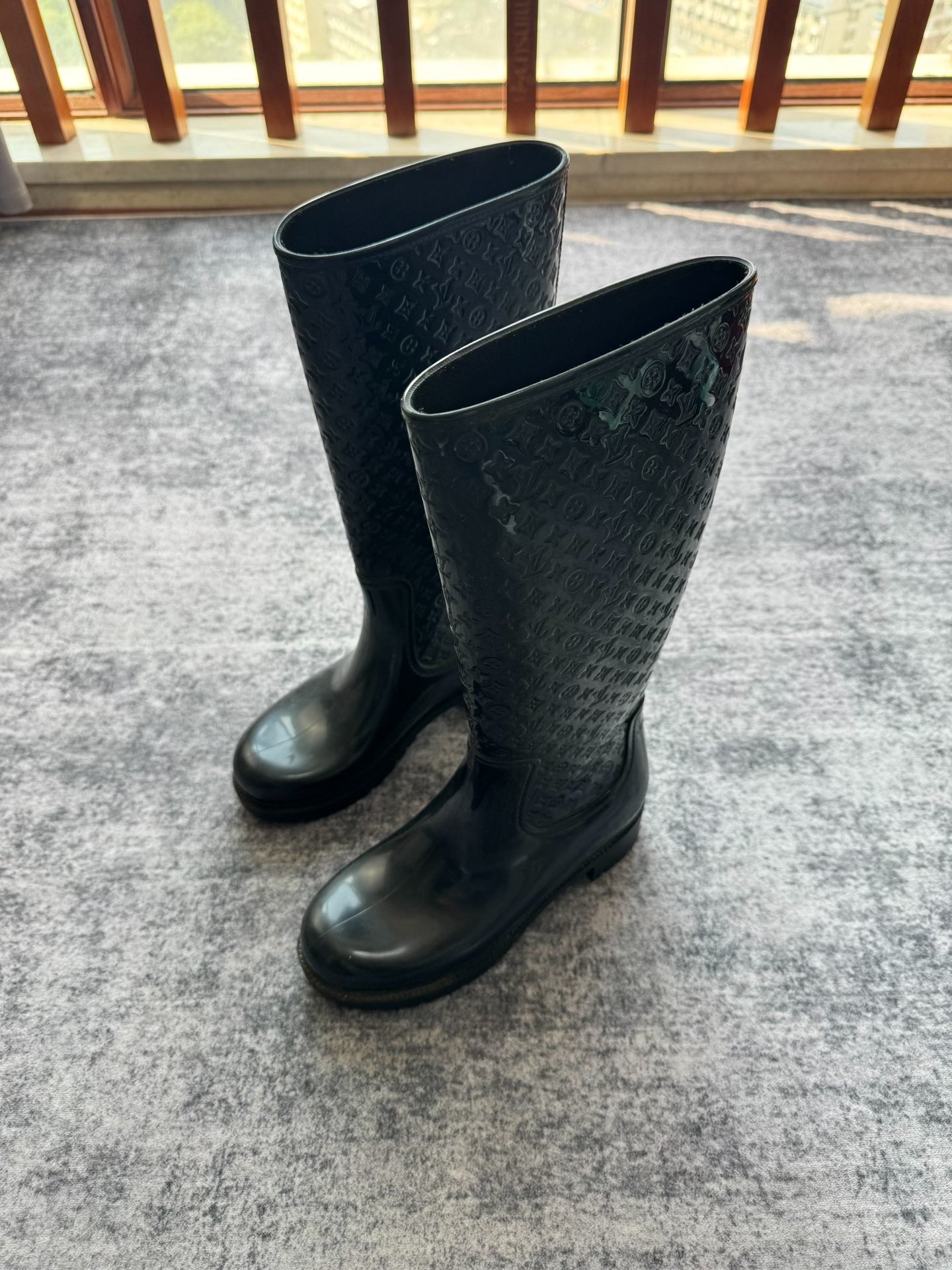 Louis Vuitton Black Monogram Long Rain Boots — detail