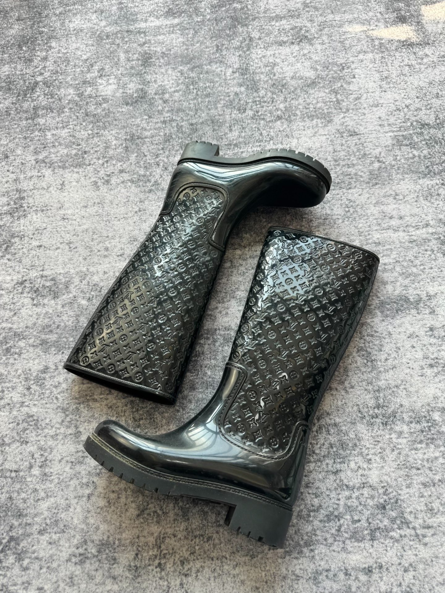 Louis Vuitton Black Monogram Long Rain Boots — front