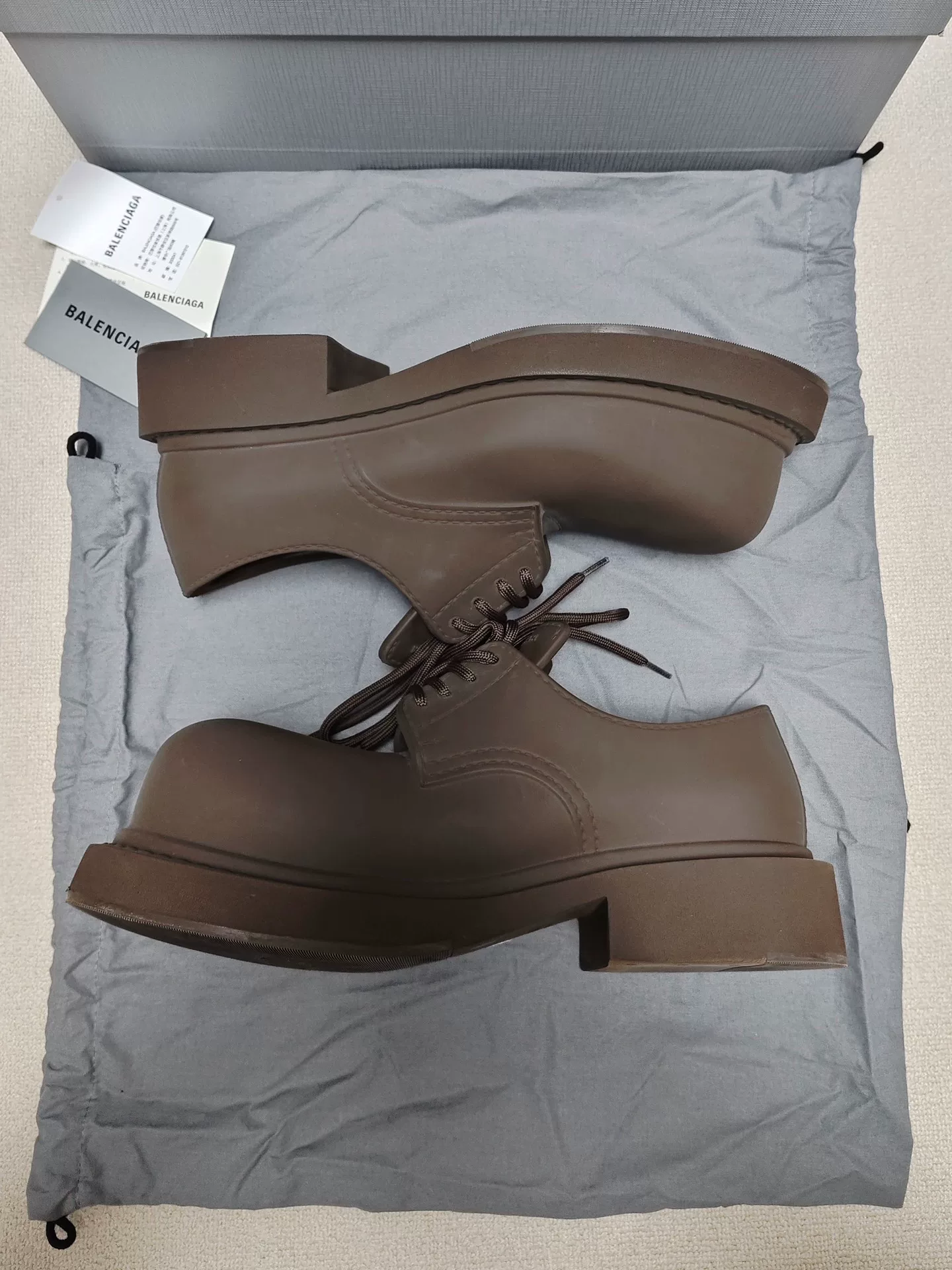 Balenciaga Steroid EVA Brown Derby Shoes — label