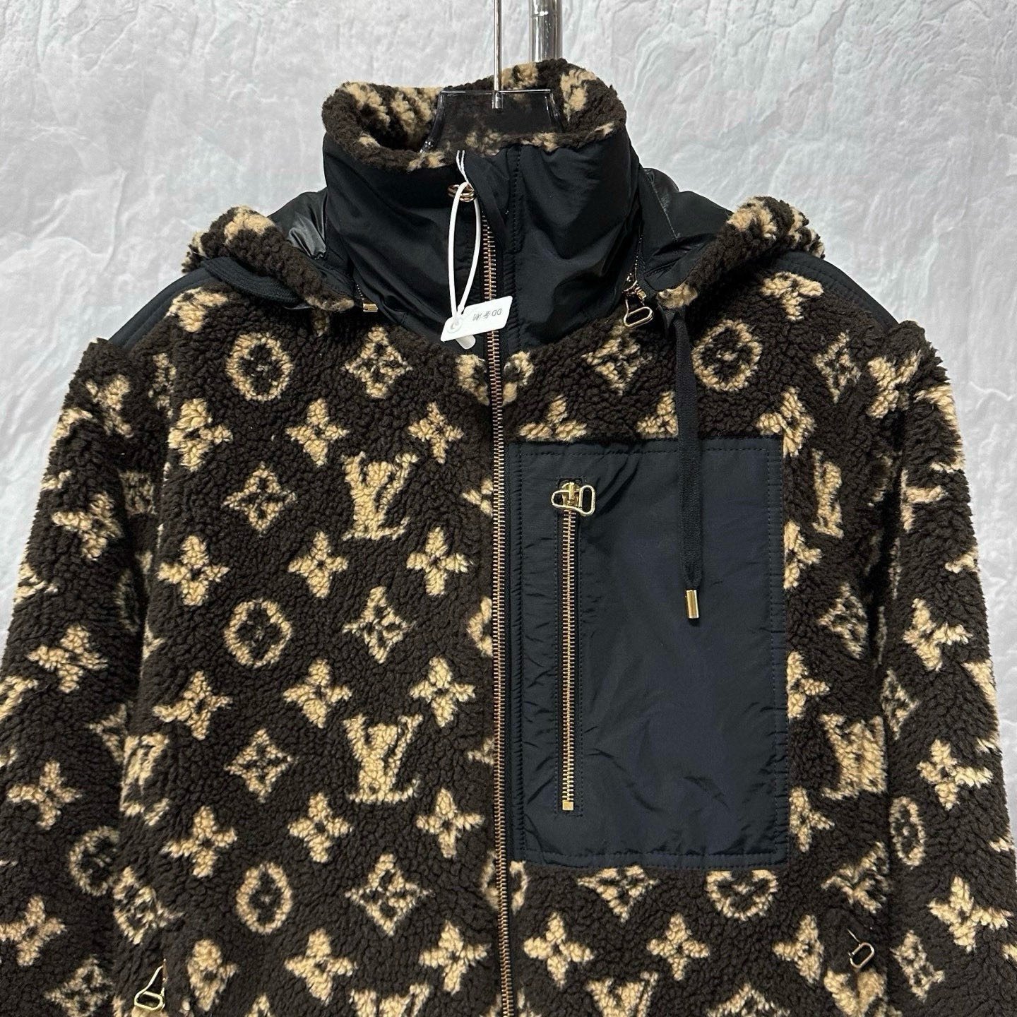 Louis Vuitton SS24 Monogram Patchwork Hooded Teddy Coat — detail