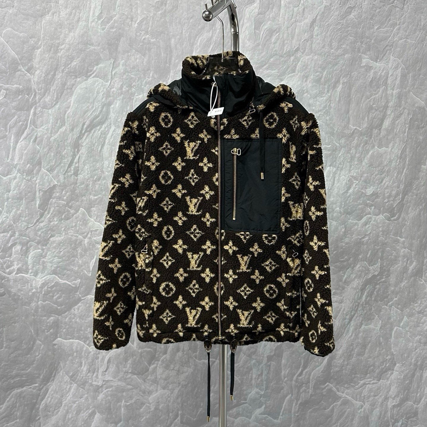 Louis Vuitton SS24 Monogram Patchwork Hooded Teddy Coat — front