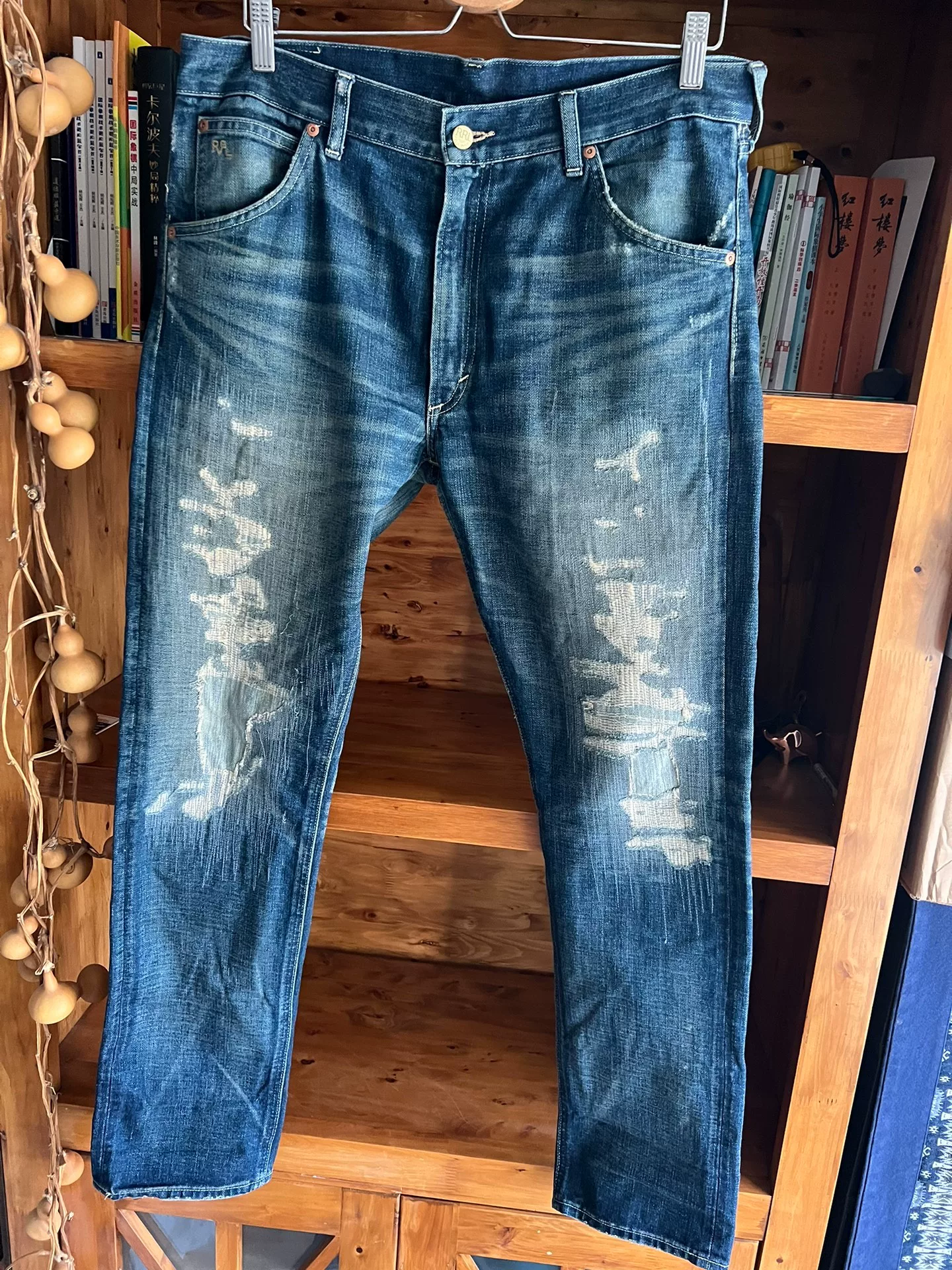 RRL Double RL Distressed Washed Jeans — detail