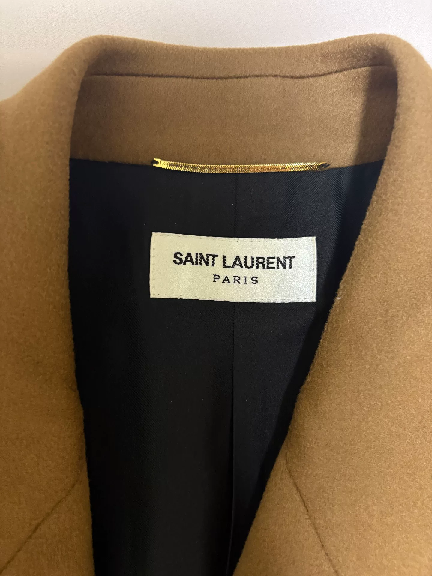 Saint Laurent Brown Wool Double-Breasted Coat — label