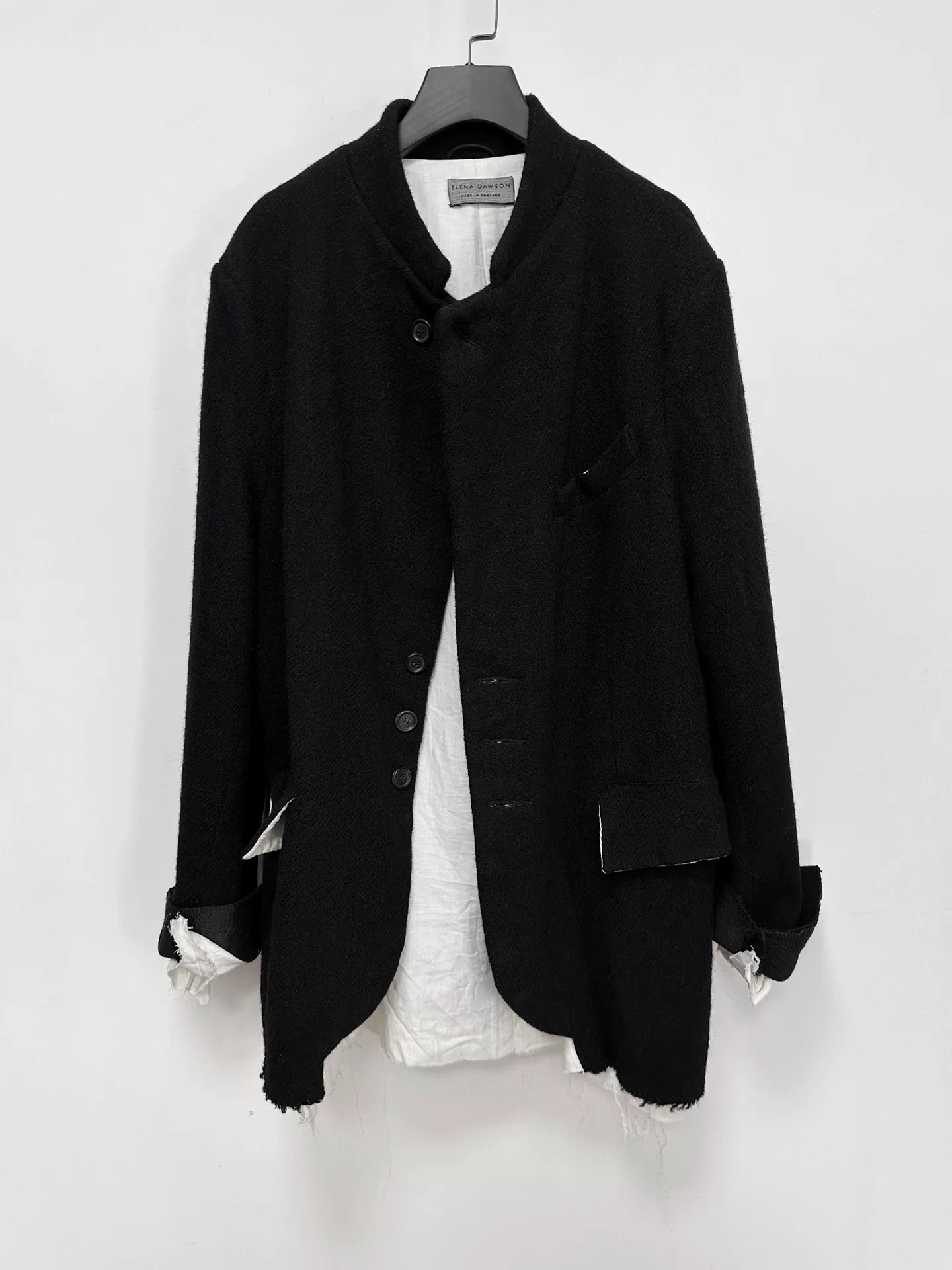 Elena Dawson Black Tweed Stand-Collar Blazer — detail