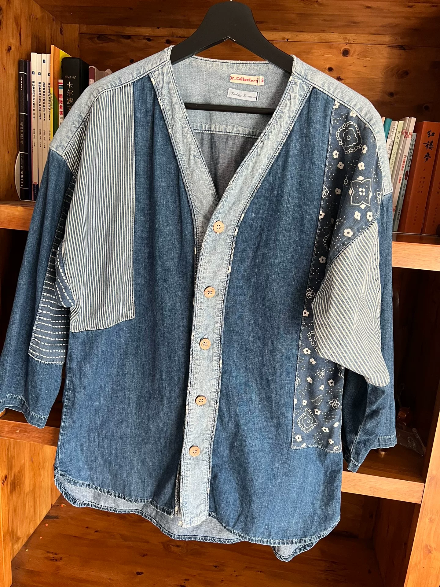 Dr Collectors Indigo Spliced Distressed Kimono Shirt — detail