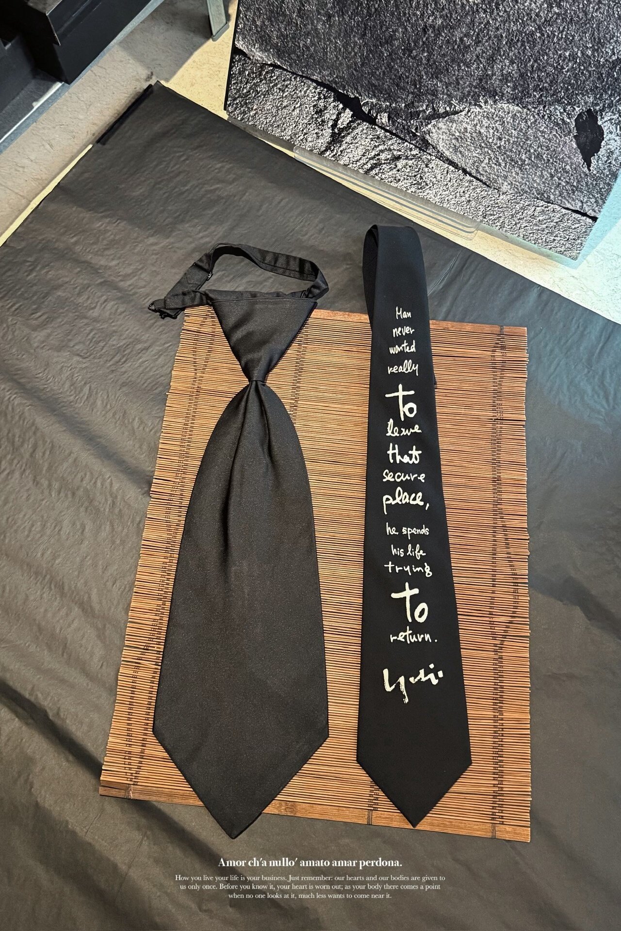 Yohji Yamamoto Ultra-Wide Bow Tie — label