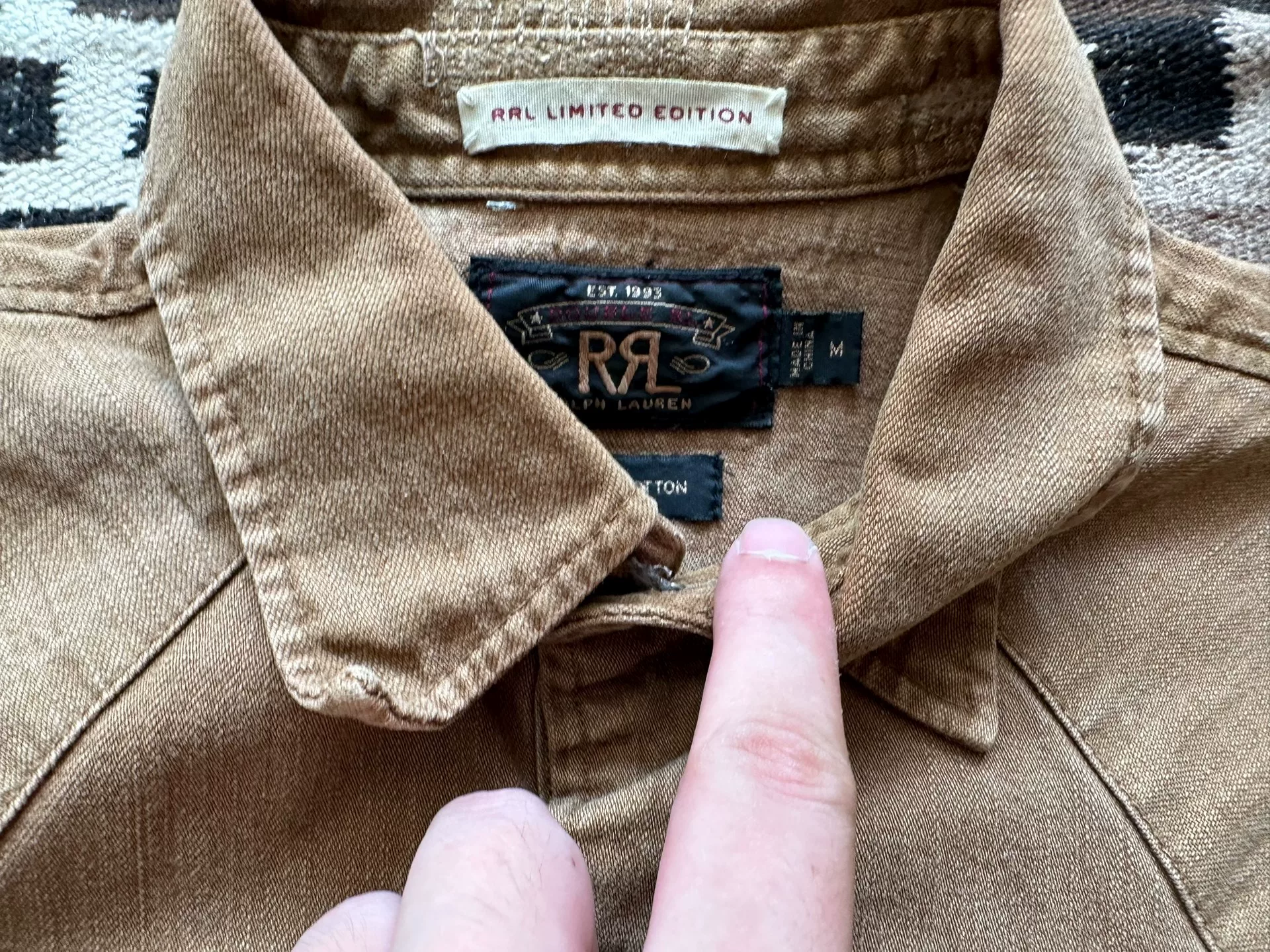 RRL Distressed Western Shirt — label