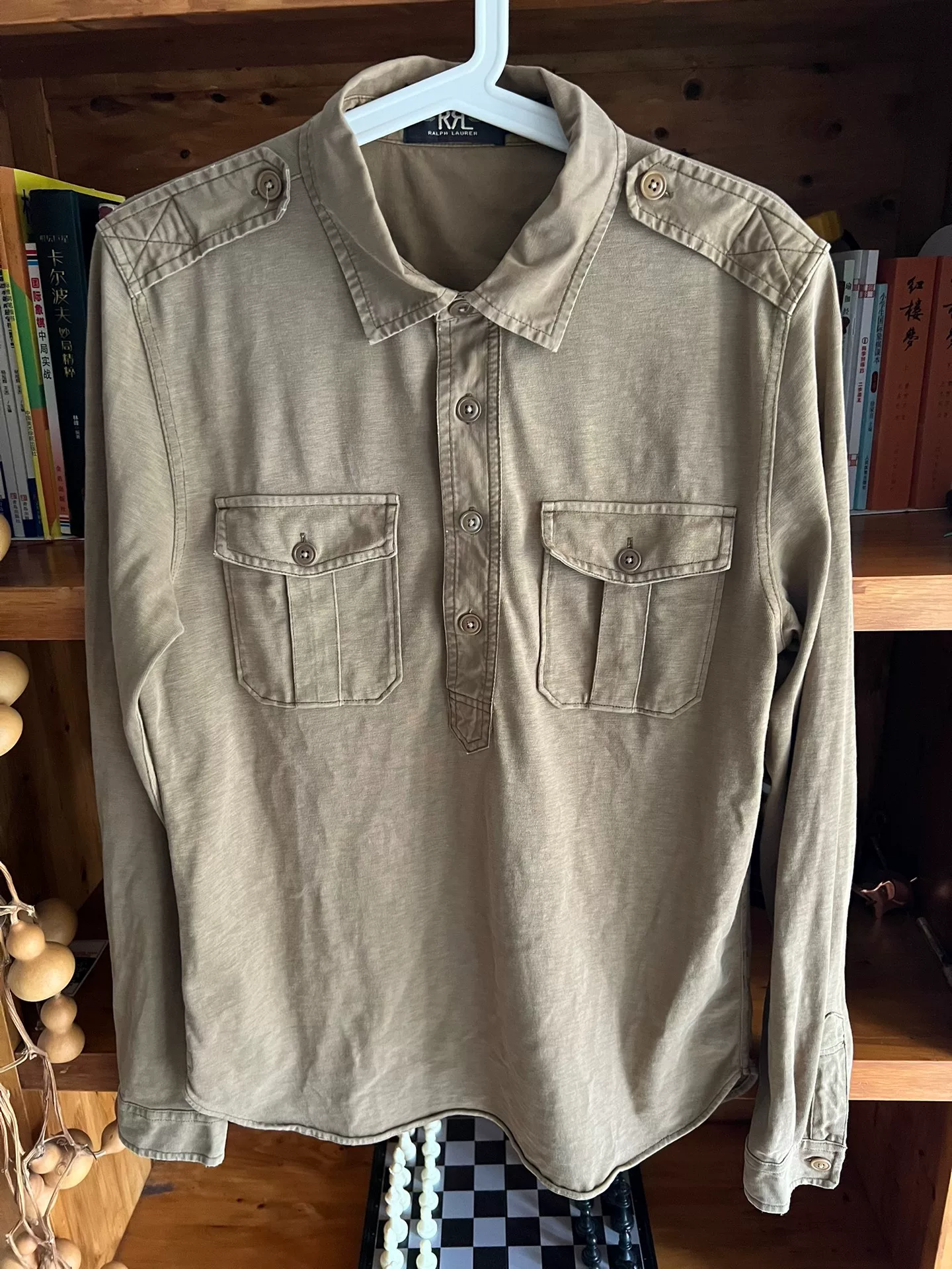 RRL Khaki Military Pullover Shirt Jacket — detail