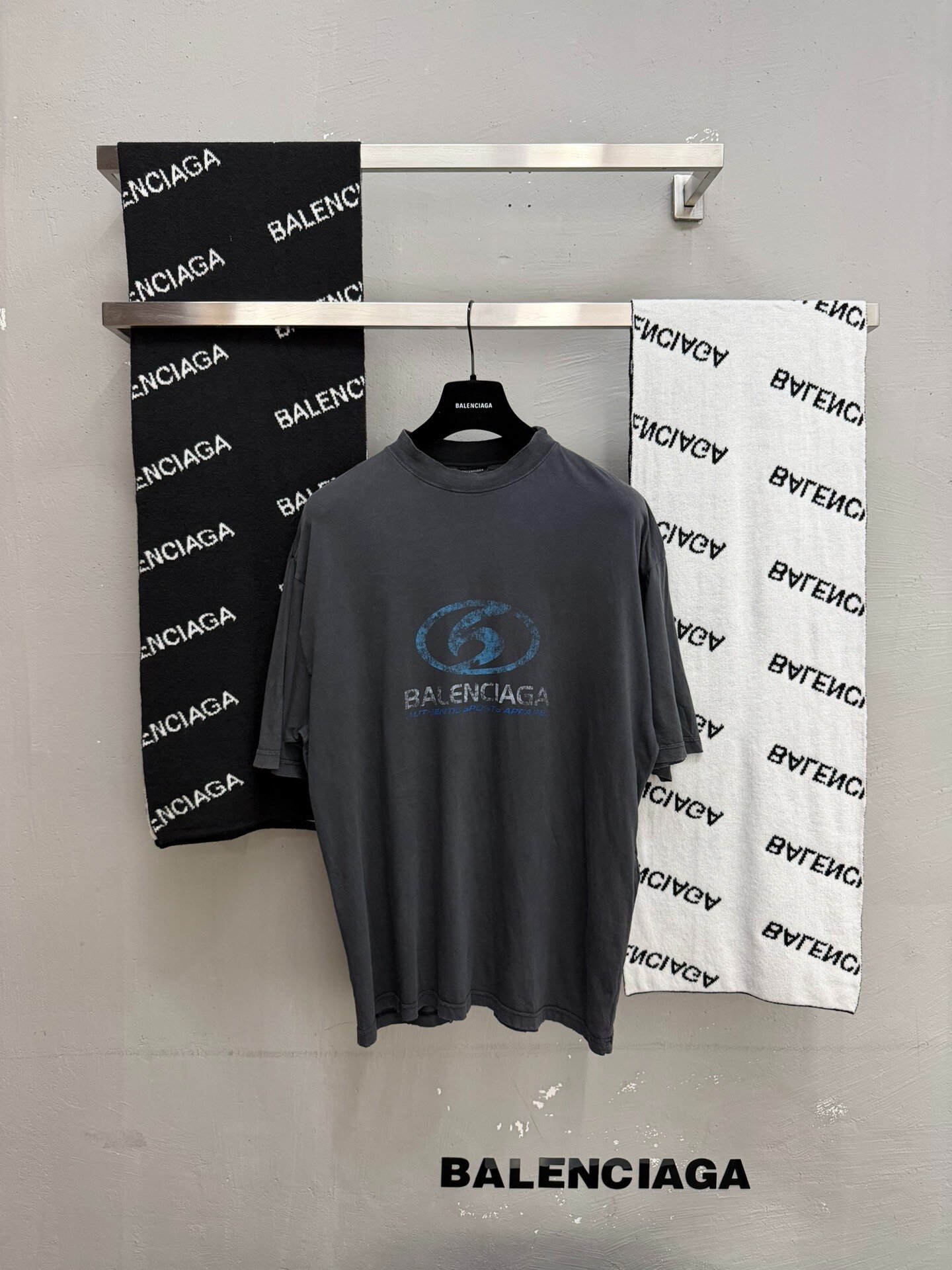Balenciaga Blue Logo Gray Short-Sleeve T-Shirt