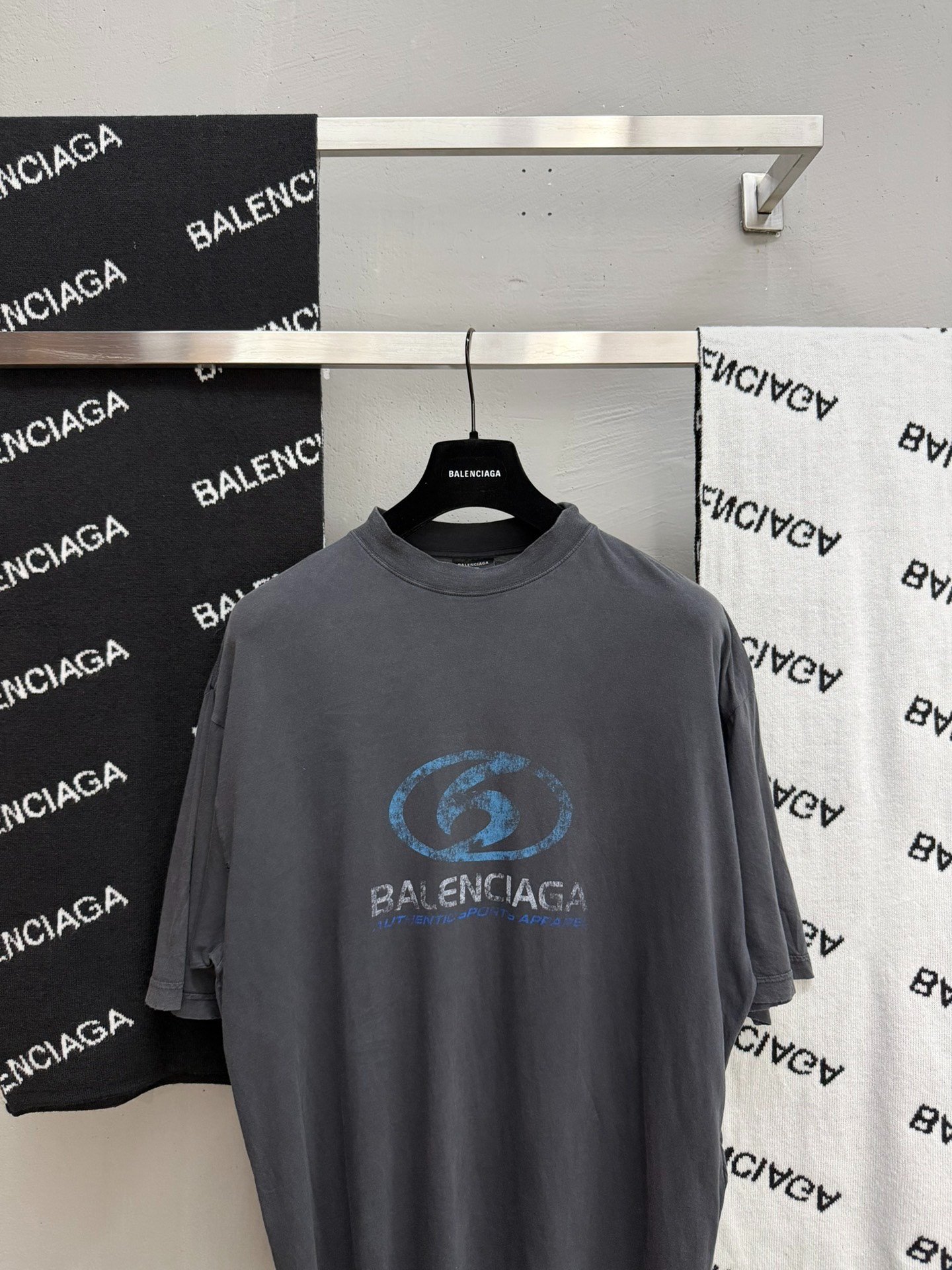 Balenciaga Blue Logo Gray Short-Sleeve T-Shirt — front