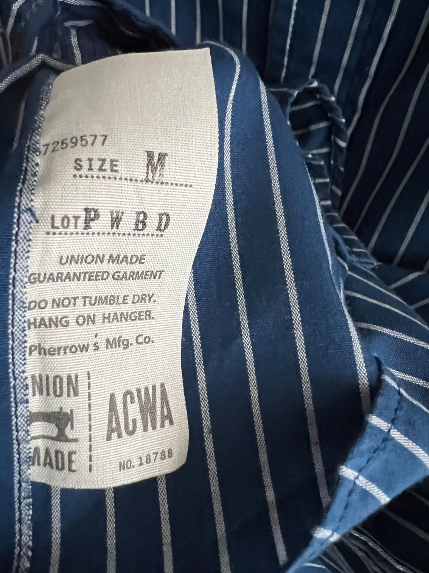 Pherrow’s Indigo Stripe Short Sleeve Work Shirt — label