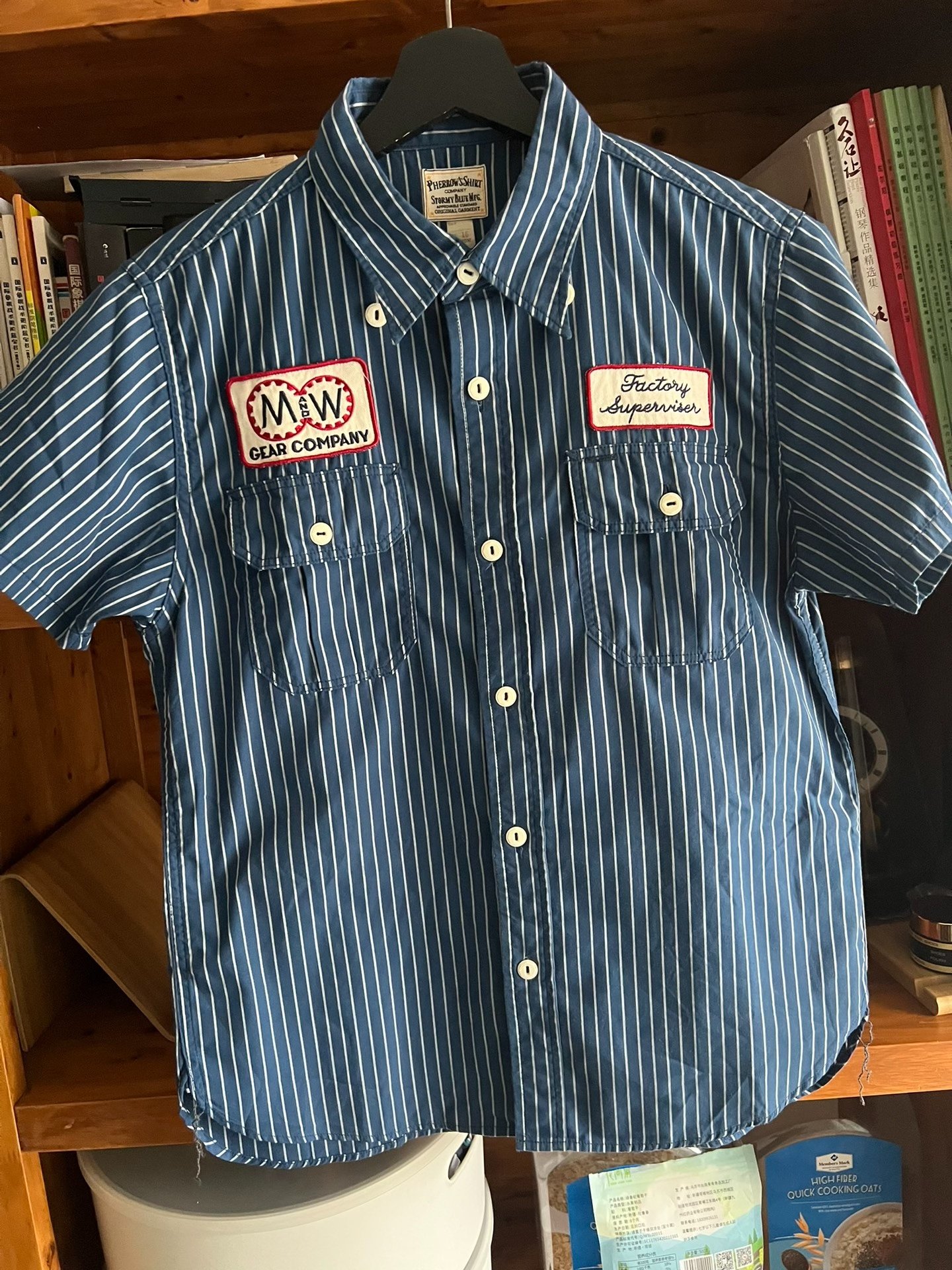 Pherrow’s Indigo Stripe Short Sleeve Work Shirt — front
