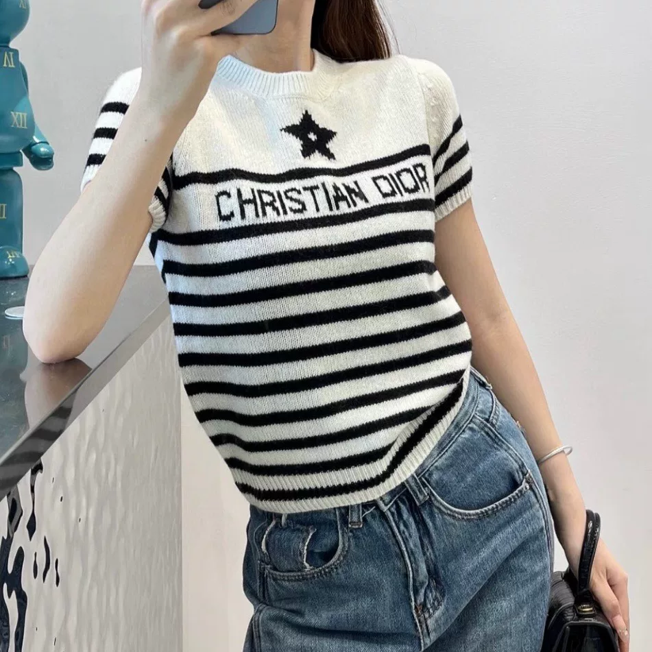 Dior Star Stripe Knit Short-Sleeve Top — front