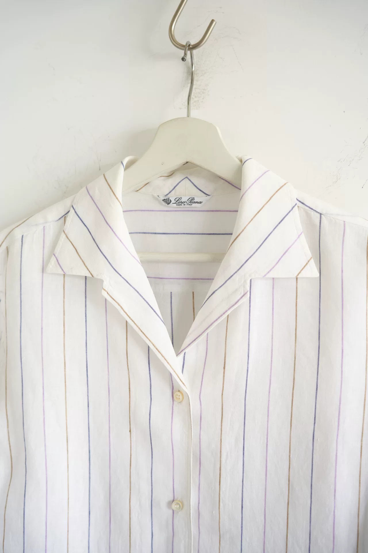 Loro Piana Cuban Collar Stripe Linen Shirt — detail