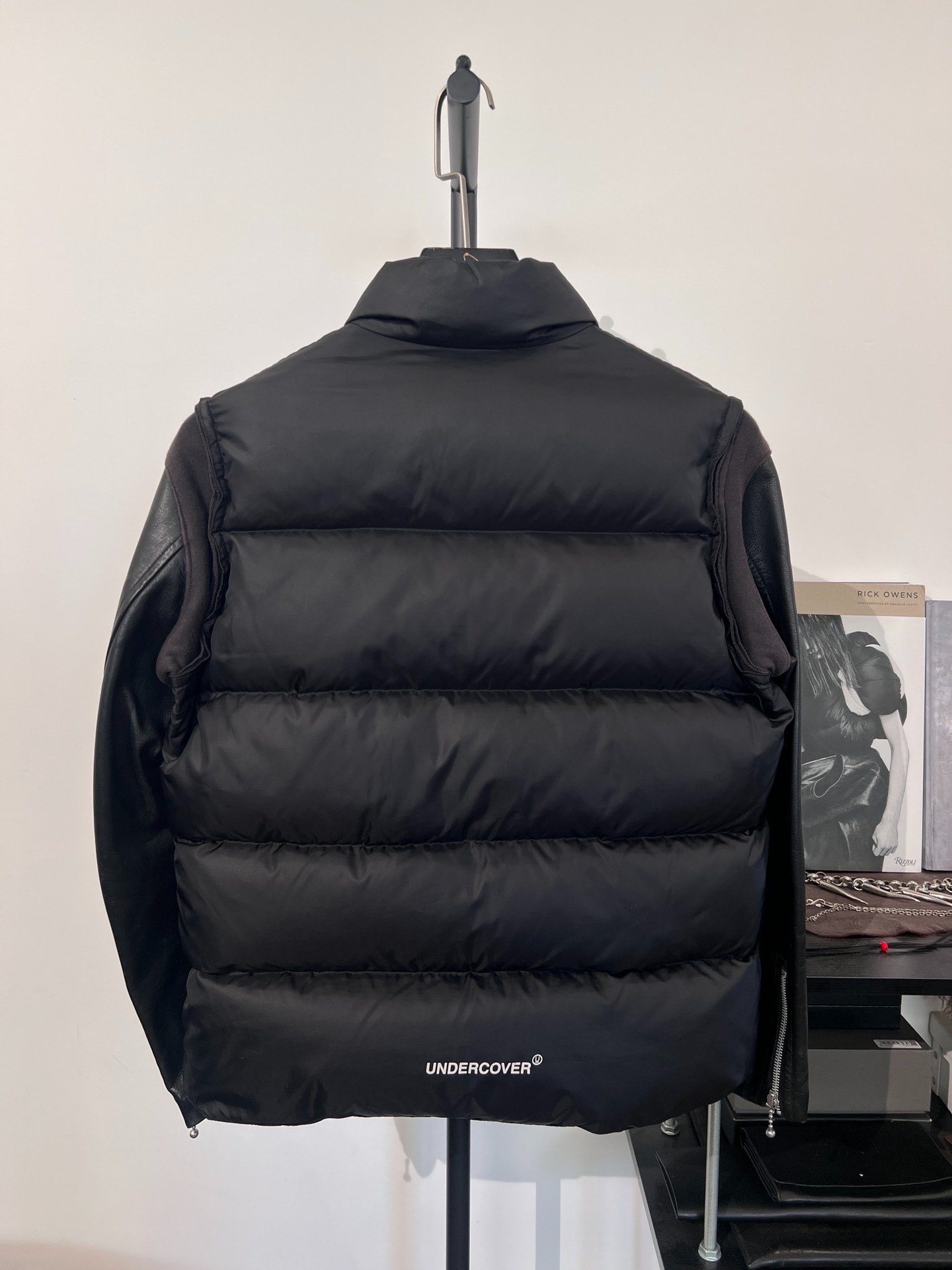 Undercover Leather Sleeve Black Puffer Jacket — front