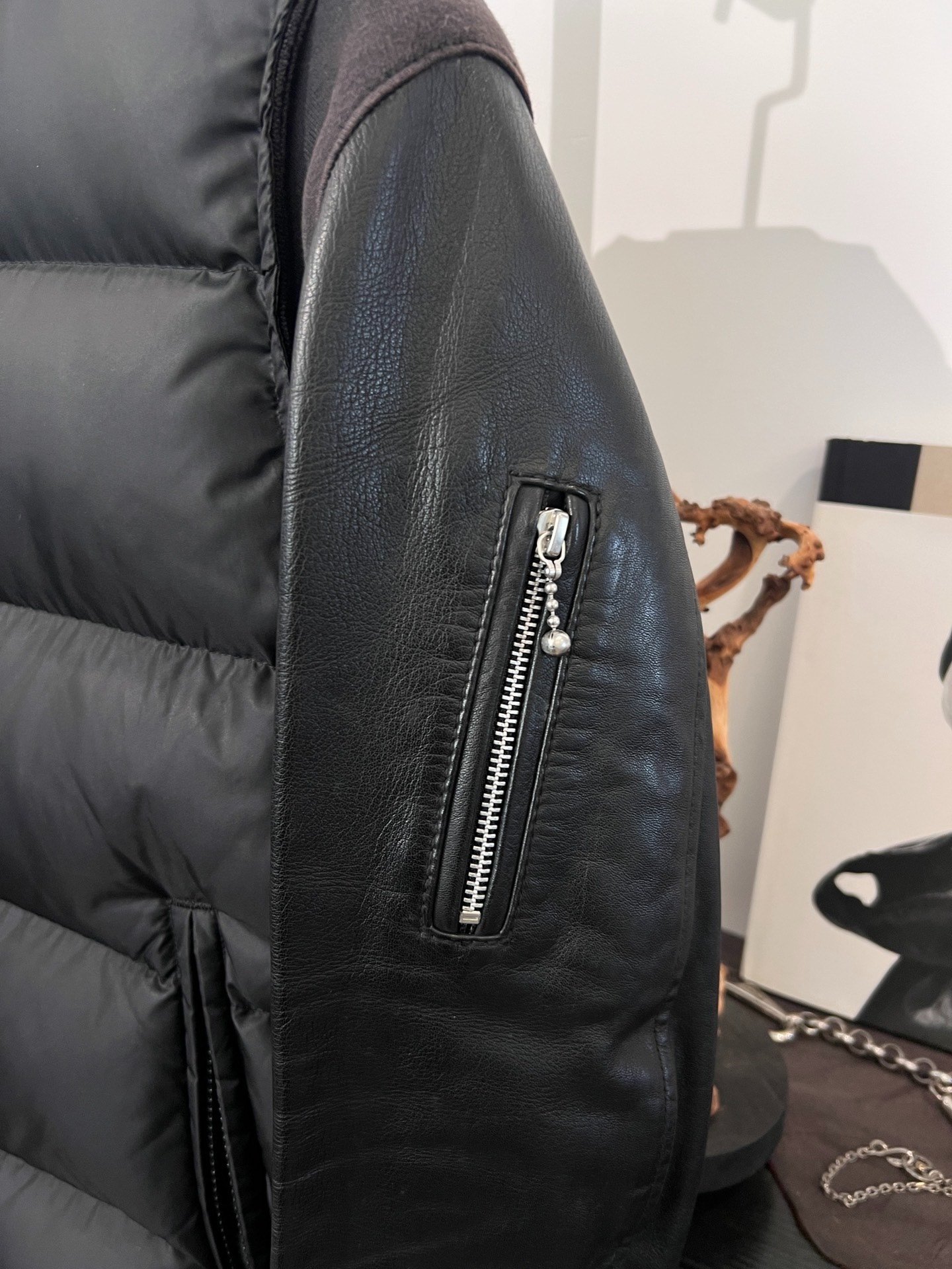 Undercover Leather Sleeve Black Puffer Jacket — detail