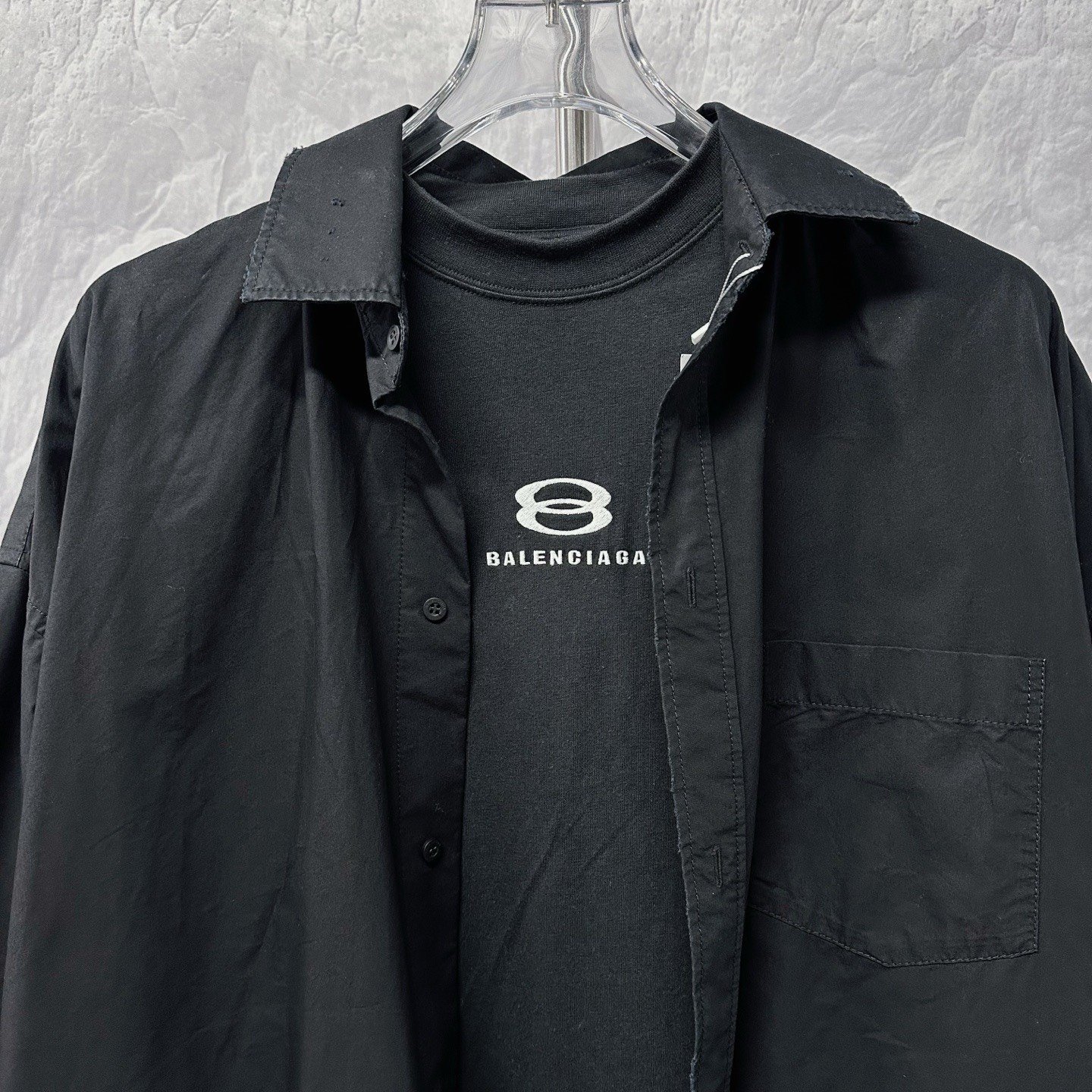 Balenciaga SS24 Double Ring Embroidered Distressed Shirt Jacket — front