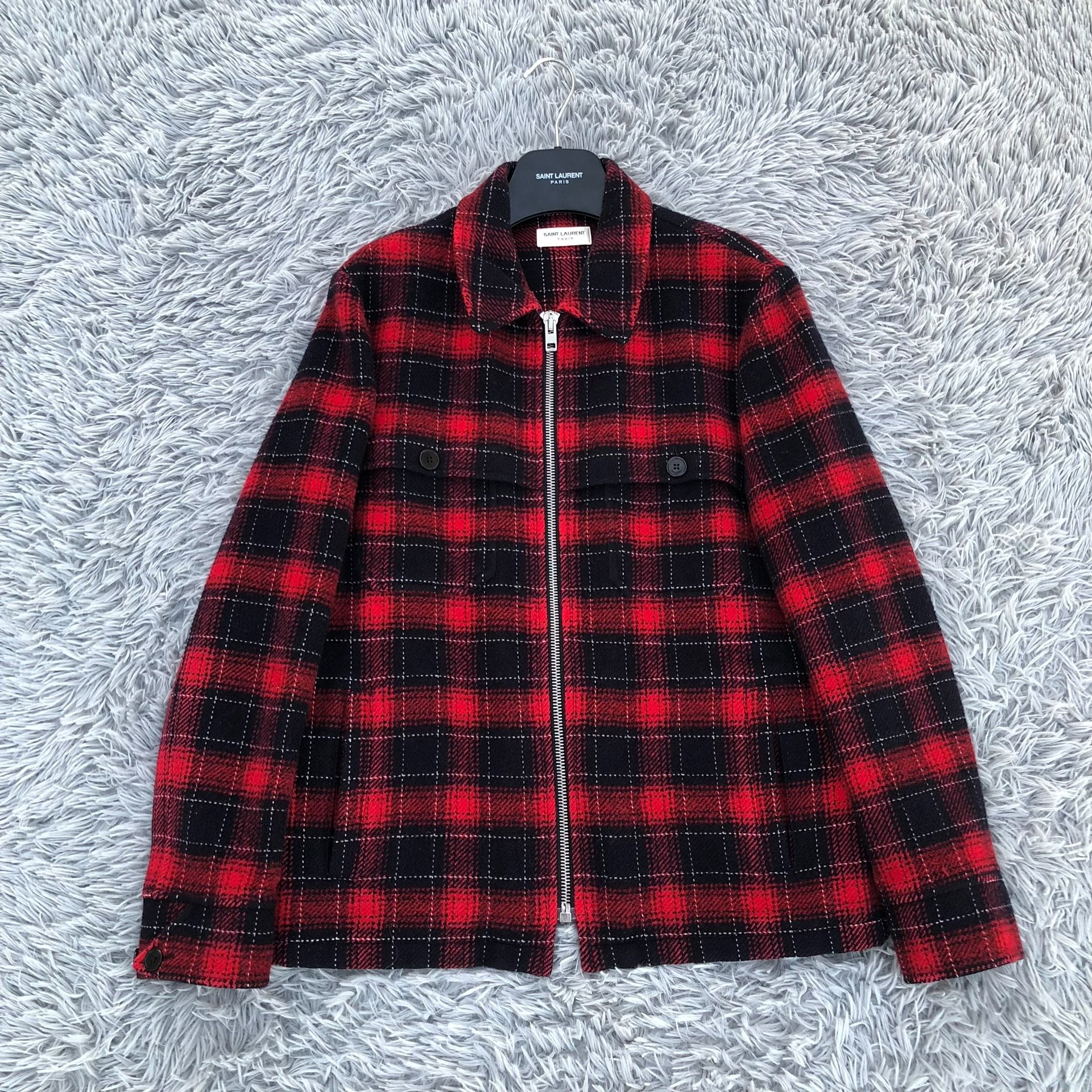 Saint Laurent Red Black Plaid Zip Jacket