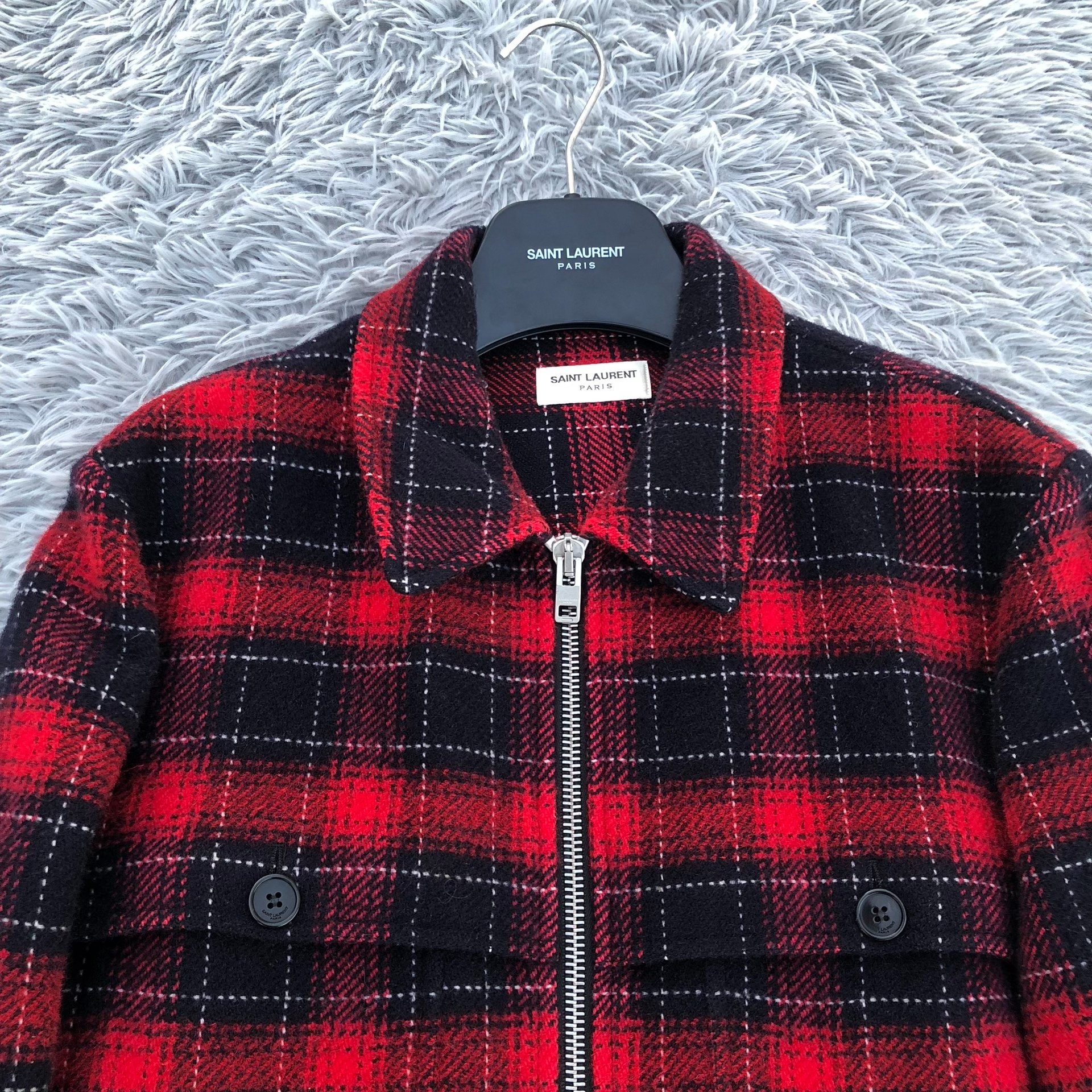 Saint Laurent Red Black Plaid Zip Jacket — front
