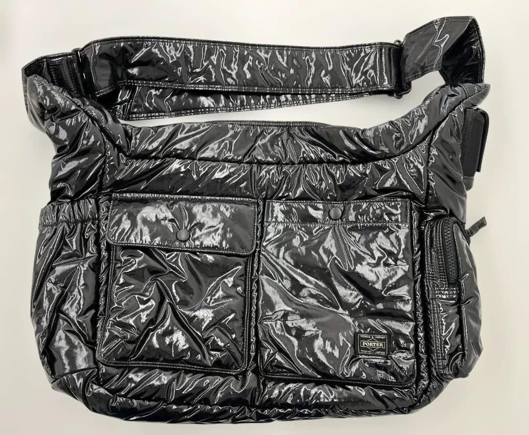 PORTER Black Glossy Nylon Crossbody Bag